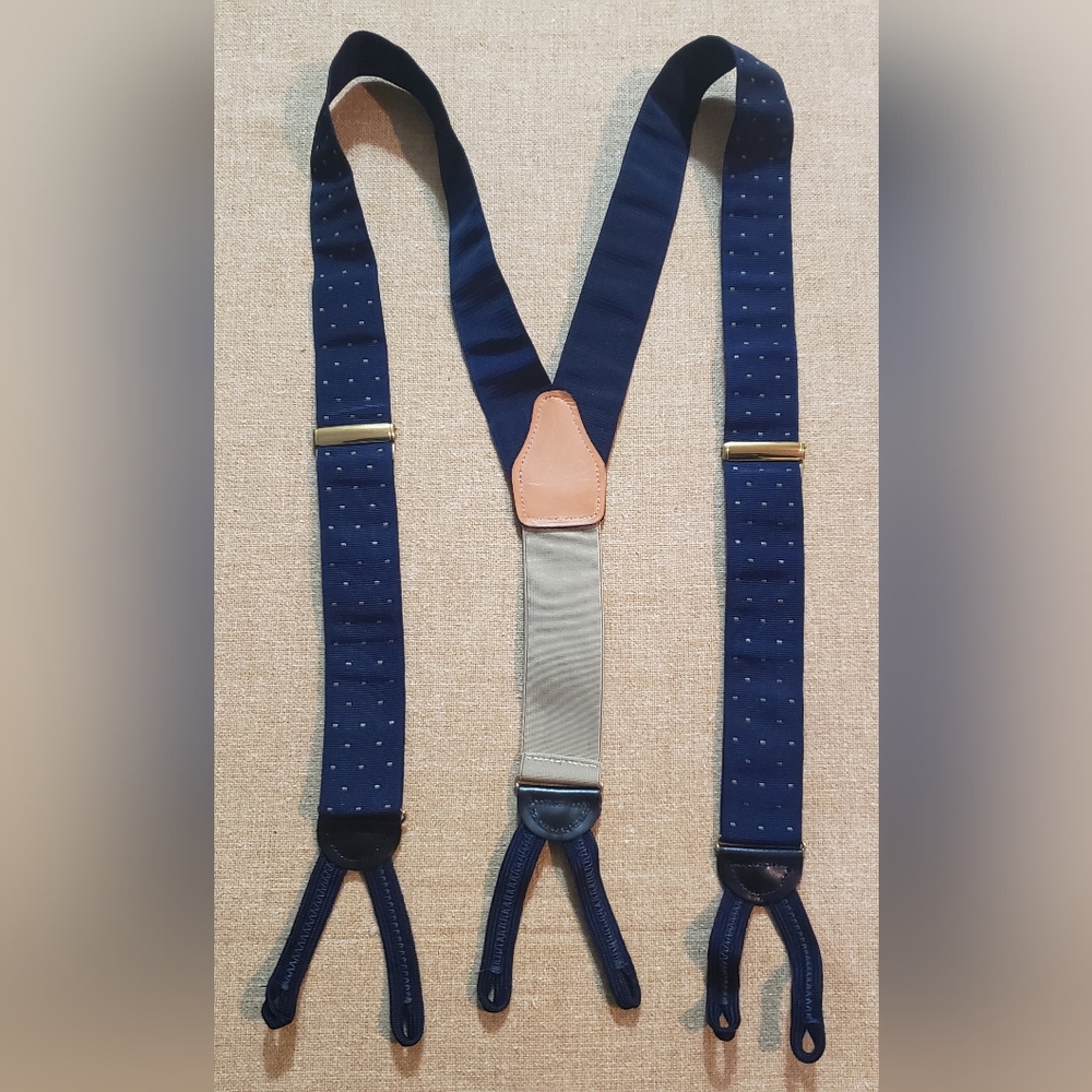 Unbranded Button Fabric Suspenders Navy/Tan Dots Office Business Braces
